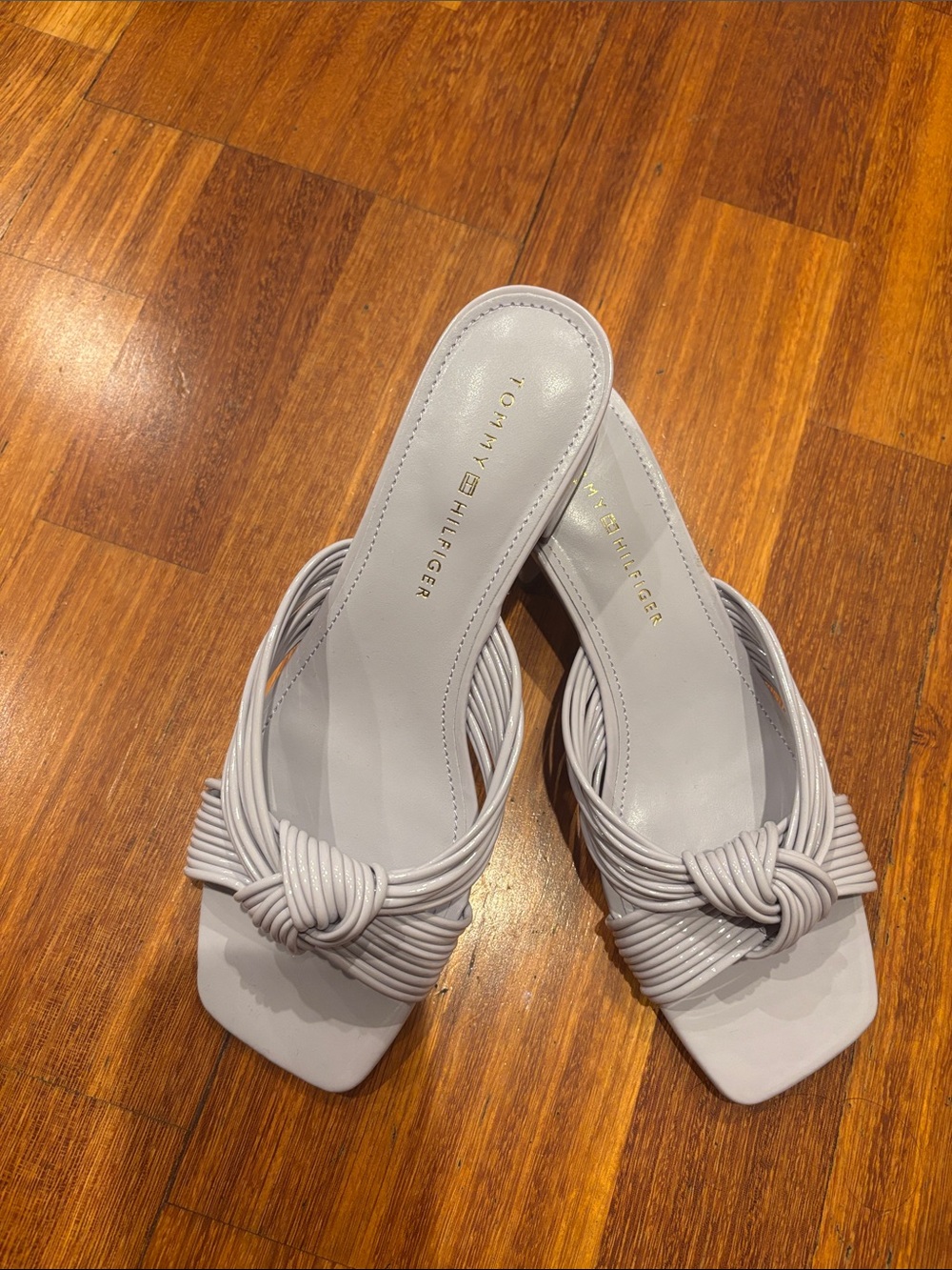 Tommy Hilfiger Pale Gray Knotted Strap Block Heel Mules